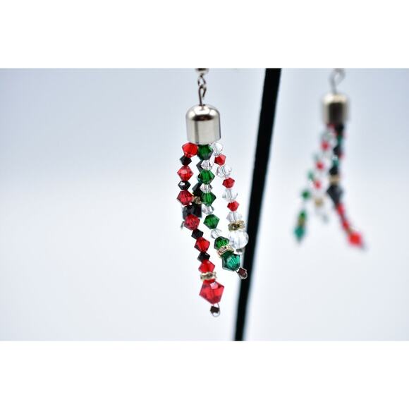 Vintage Crystal Beaded Earrings Christmas Holiday Shiny Dangle Red Green Bin7 - Picture 10 of 11